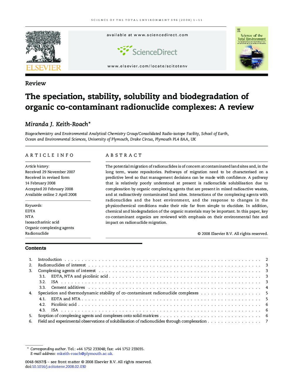 The speciation, stability, solubility and biodegradation of organic co-contaminant radionuclide complexes: A review