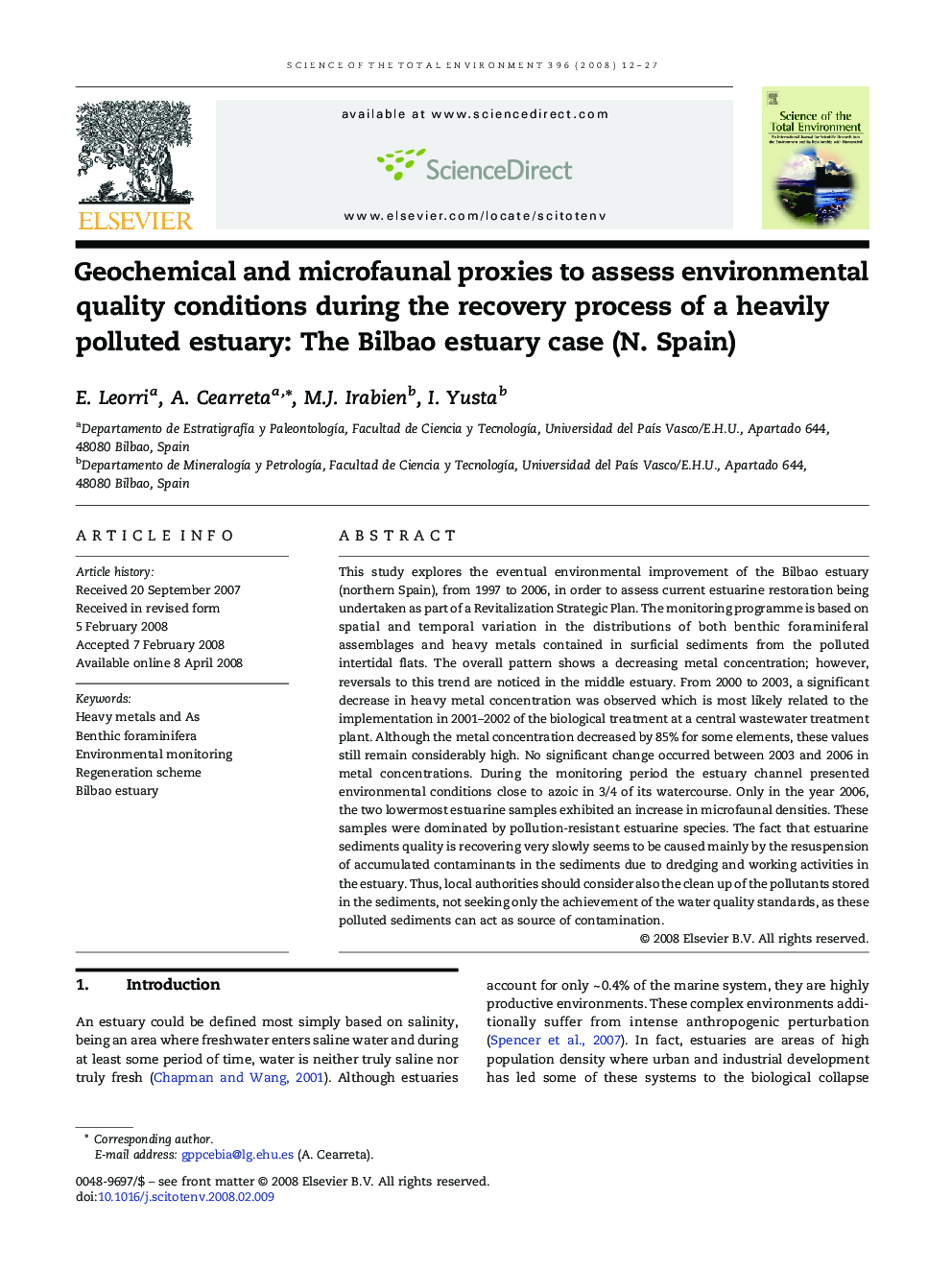 Geochemical and microfaunal proxies to assess environmental quality conditions during the recovery process of a heavily polluted estuary: The Bilbao estuary case (N. Spain)