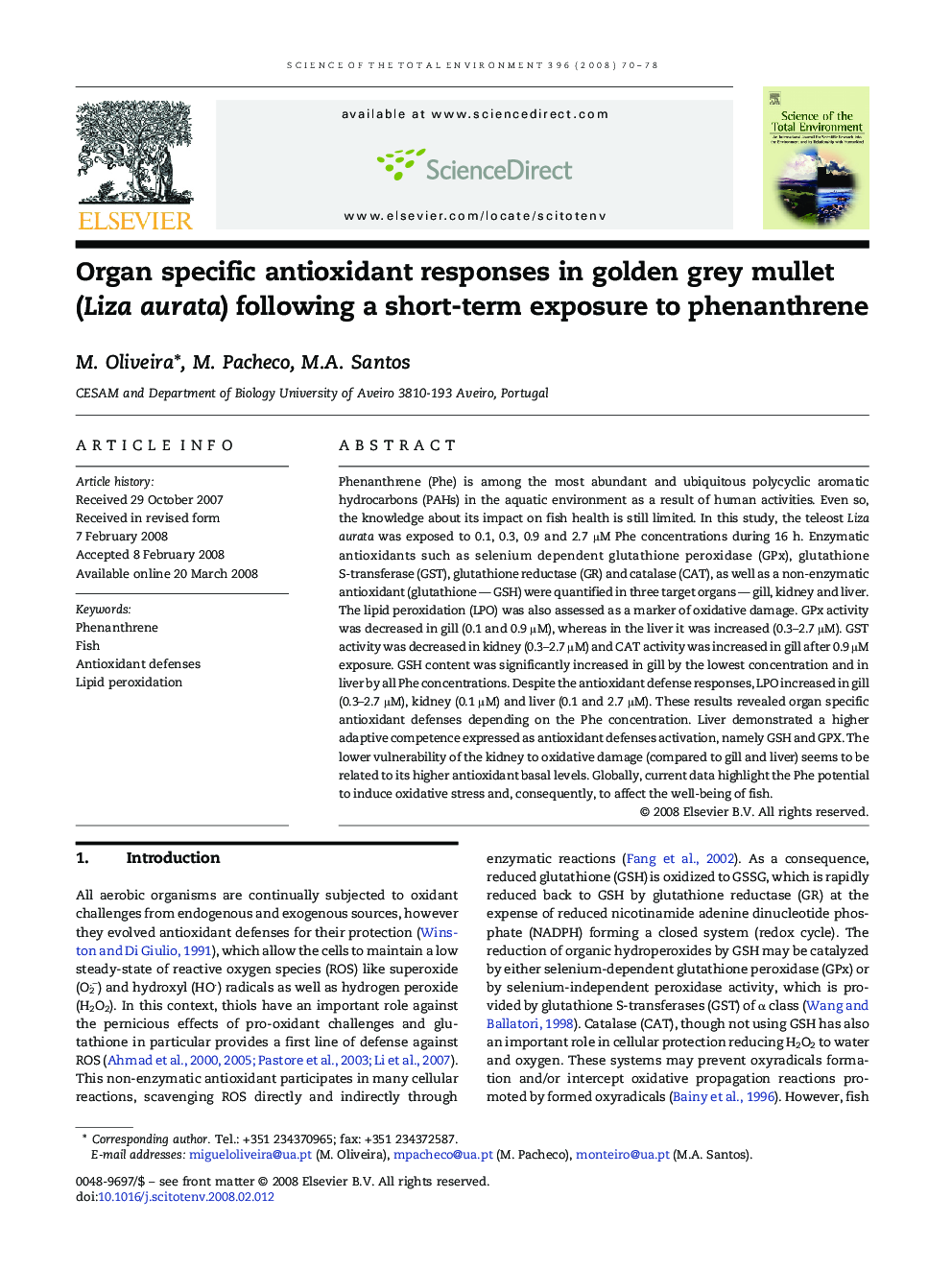 Organ specific antioxidant responses in golden grey mullet (Liza aurata) following a short-term exposure to phenanthrene