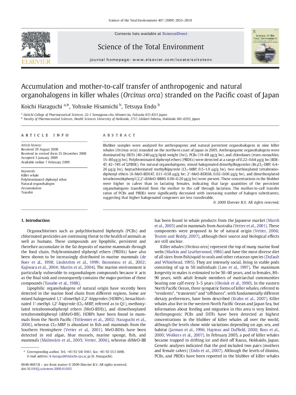 Accumulation and mother-to-calf transfer of anthropogenic and natural organohalogens in killer whales (Orcinus orca) stranded on the Pacific coast of Japan