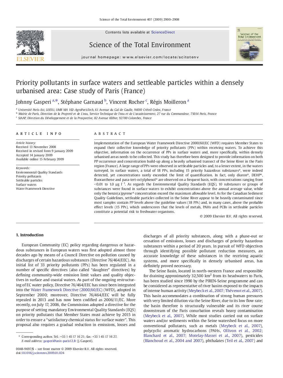 Priority pollutants in surface waters and settleable particles within a densely urbanised area: Case study of Paris (France)