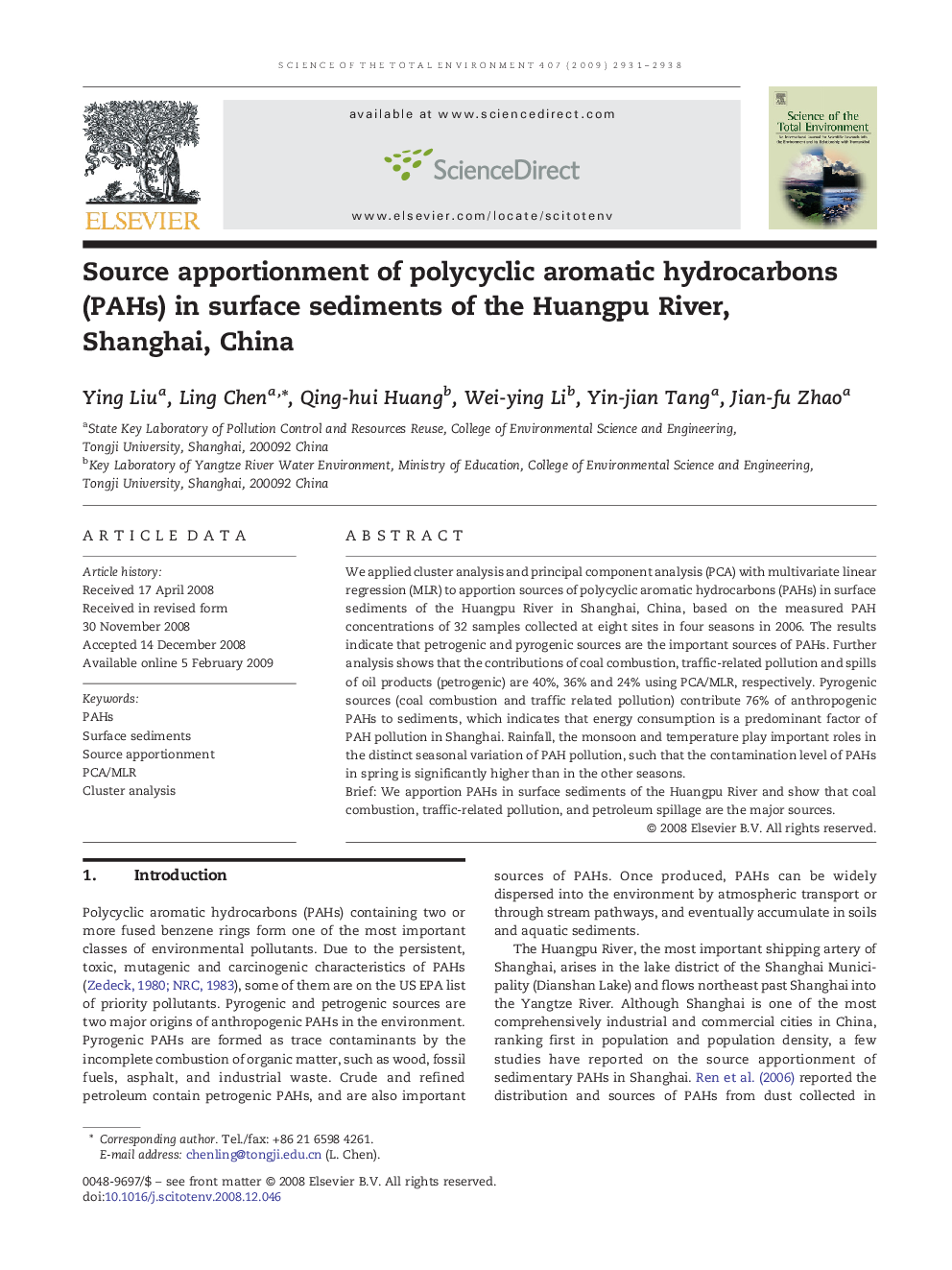 Source apportionment of polycyclic aromatic hydrocarbons (PAHs) in surface sediments of the Huangpu River, Shanghai, China