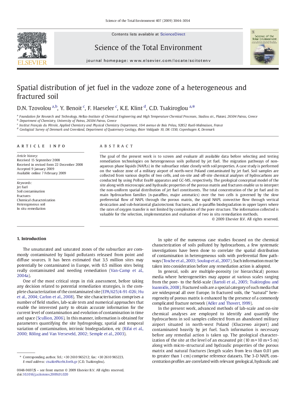 Spatial distribution of jet fuel in the vadoze zone of a heterogeneous and fractured soil