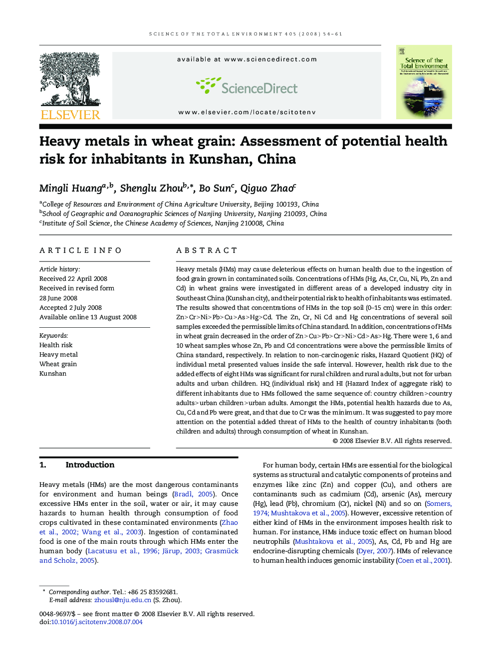 Heavy metals in wheat grain: Assessment of potential health risk for inhabitants in Kunshan, China