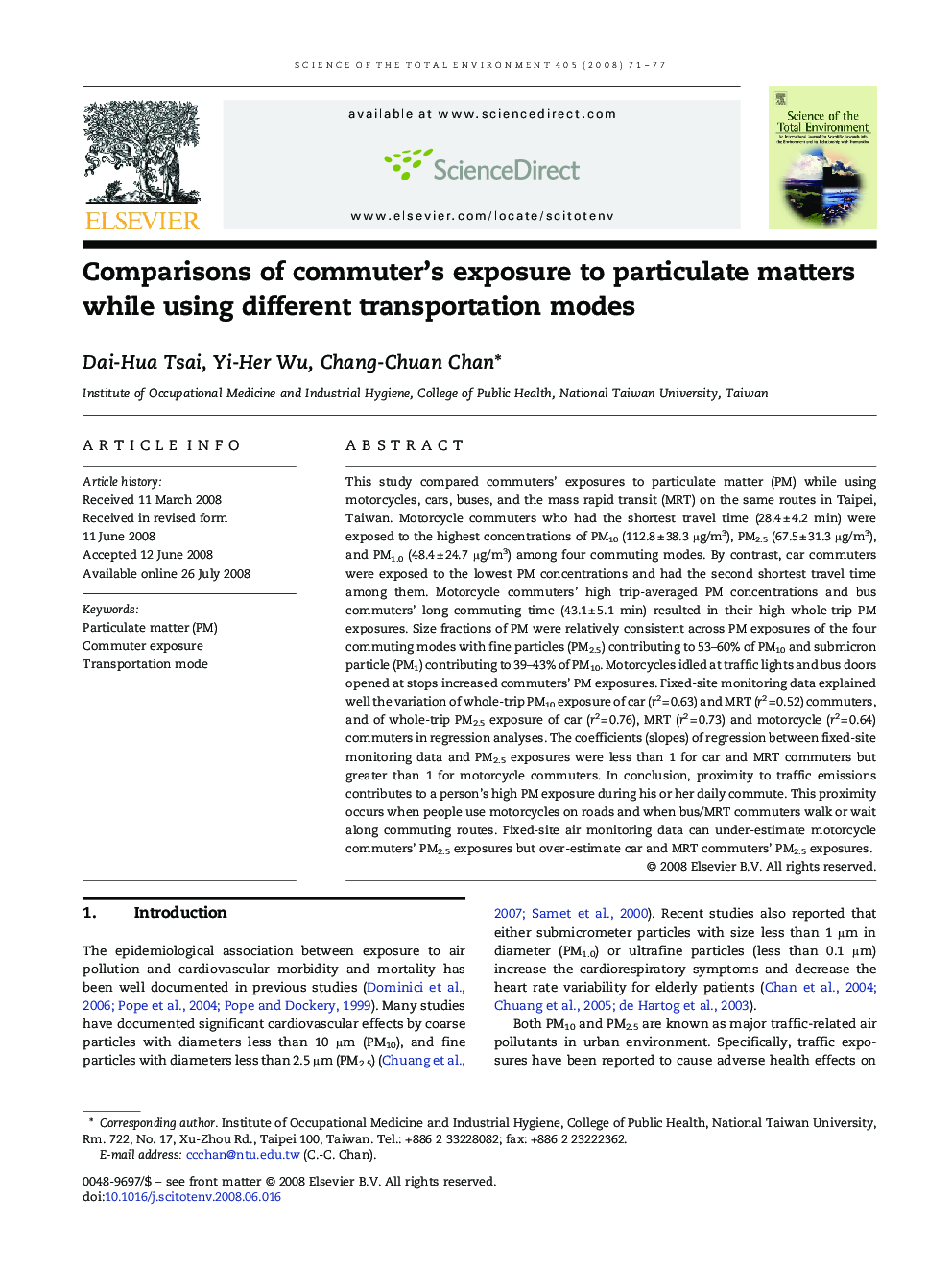 Comparisons of commuter's exposure to particulate matters while using different transportation modes