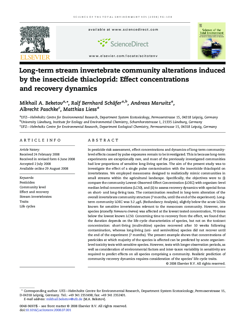 Long-term stream invertebrate community alterations induced by the insecticide thiacloprid: Effect concentrations and recovery dynamics