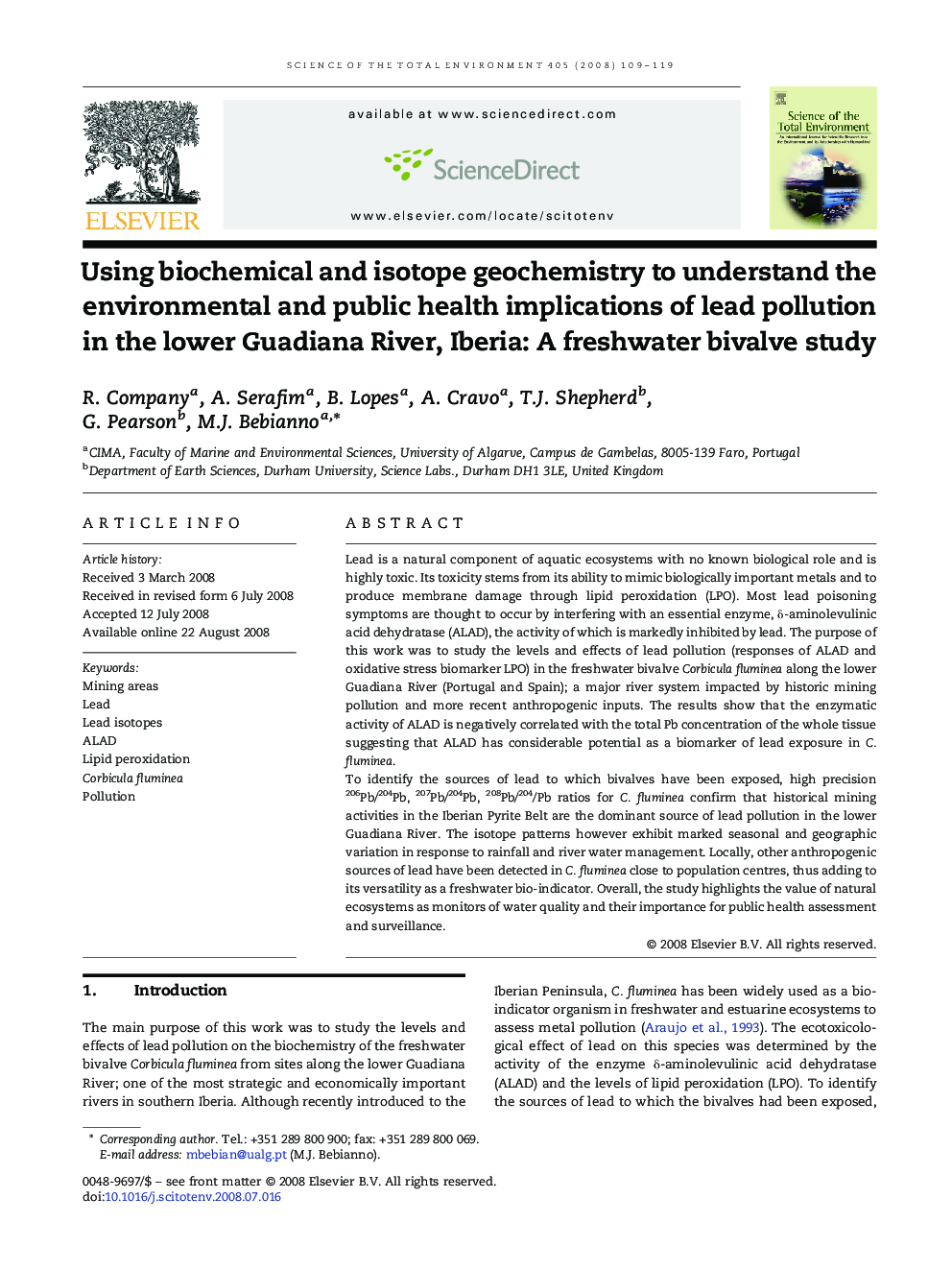 Using biochemical and isotope geochemistry to understand the environmental and public health implications of lead pollution in the lower Guadiana River, Iberia: A freshwater bivalve study