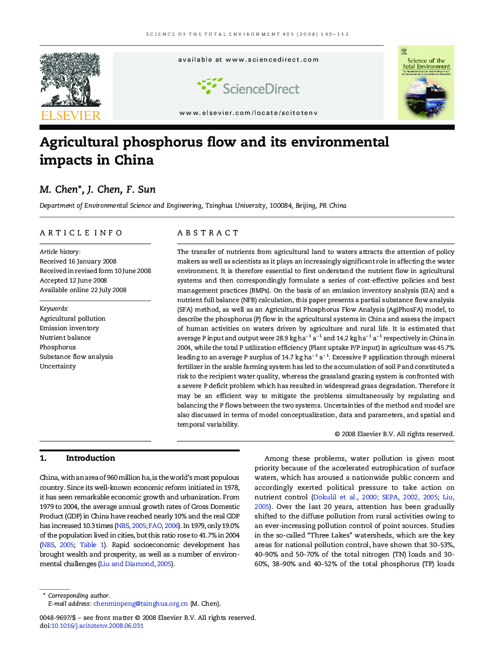 Agricultural phosphorus flow and its environmental impacts in China