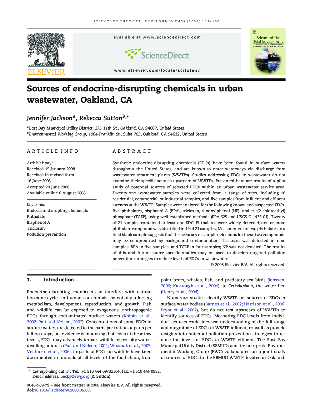 Sources of endocrine-disrupting chemicals in urban wastewater, Oakland, CA