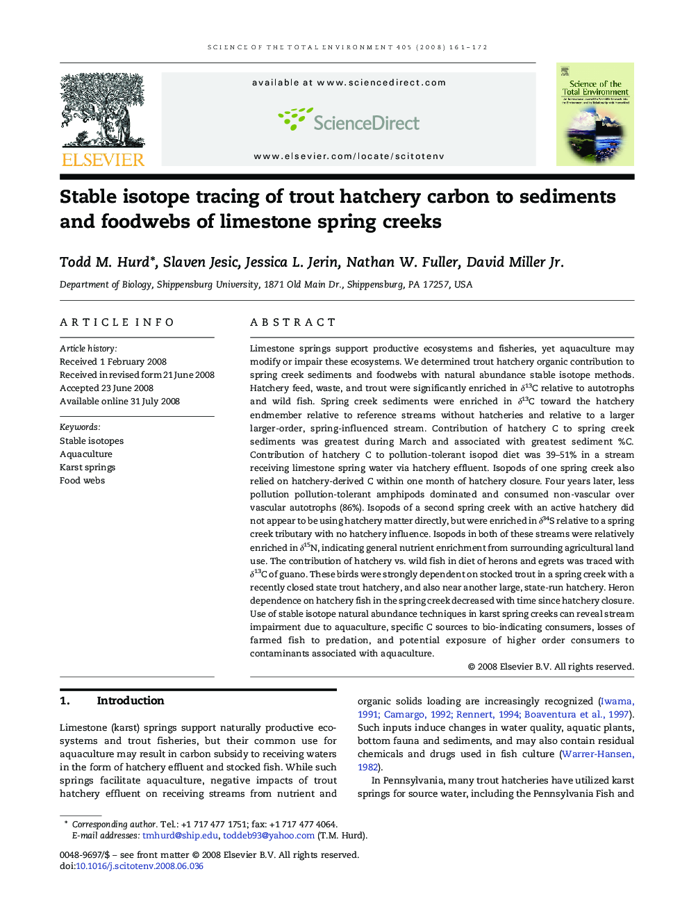 Stable isotope tracing of trout hatchery carbon to sediments and foodwebs of limestone spring creeks