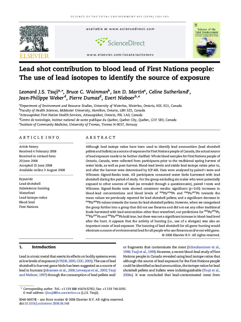 Lead shot contribution to blood lead of First Nations people: The use of lead isotopes to identify the source of exposure