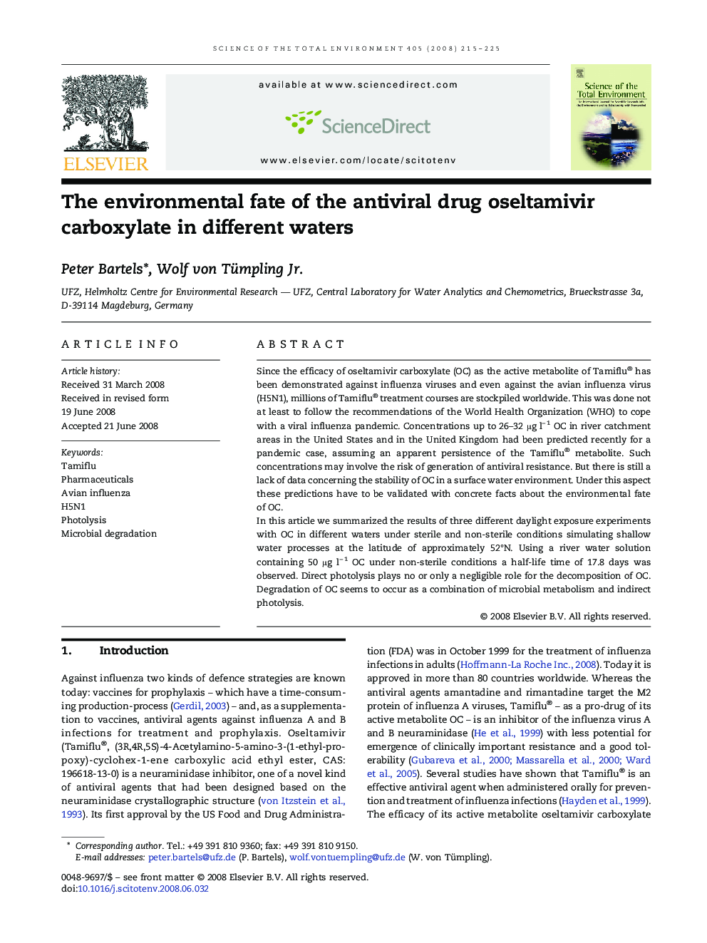 The environmental fate of the antiviral drug oseltamivir carboxylate in different waters