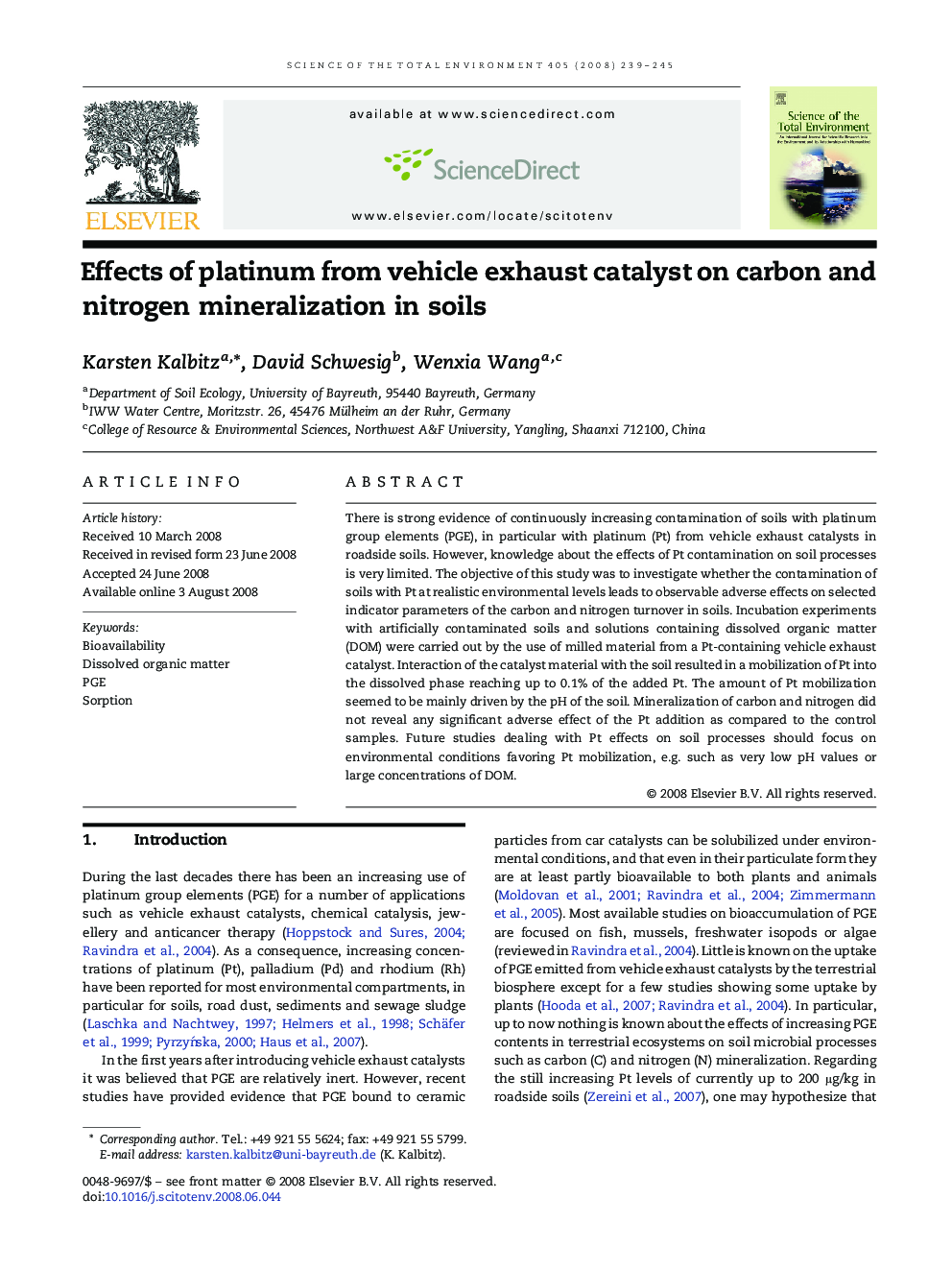 Effects of platinum from vehicle exhaust catalyst on carbon and nitrogen mineralization in soils