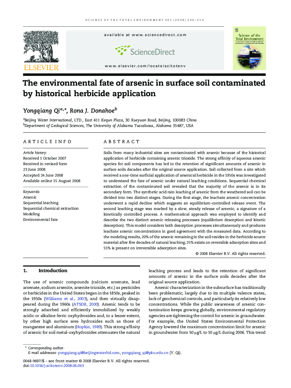 The environmental fate of arsenic in surface soil contaminated by historical herbicide application