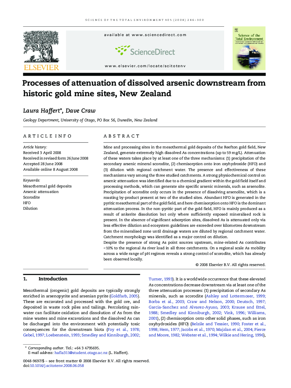 Processes of attenuation of dissolved arsenic downstream from historic gold mine sites, New Zealand
