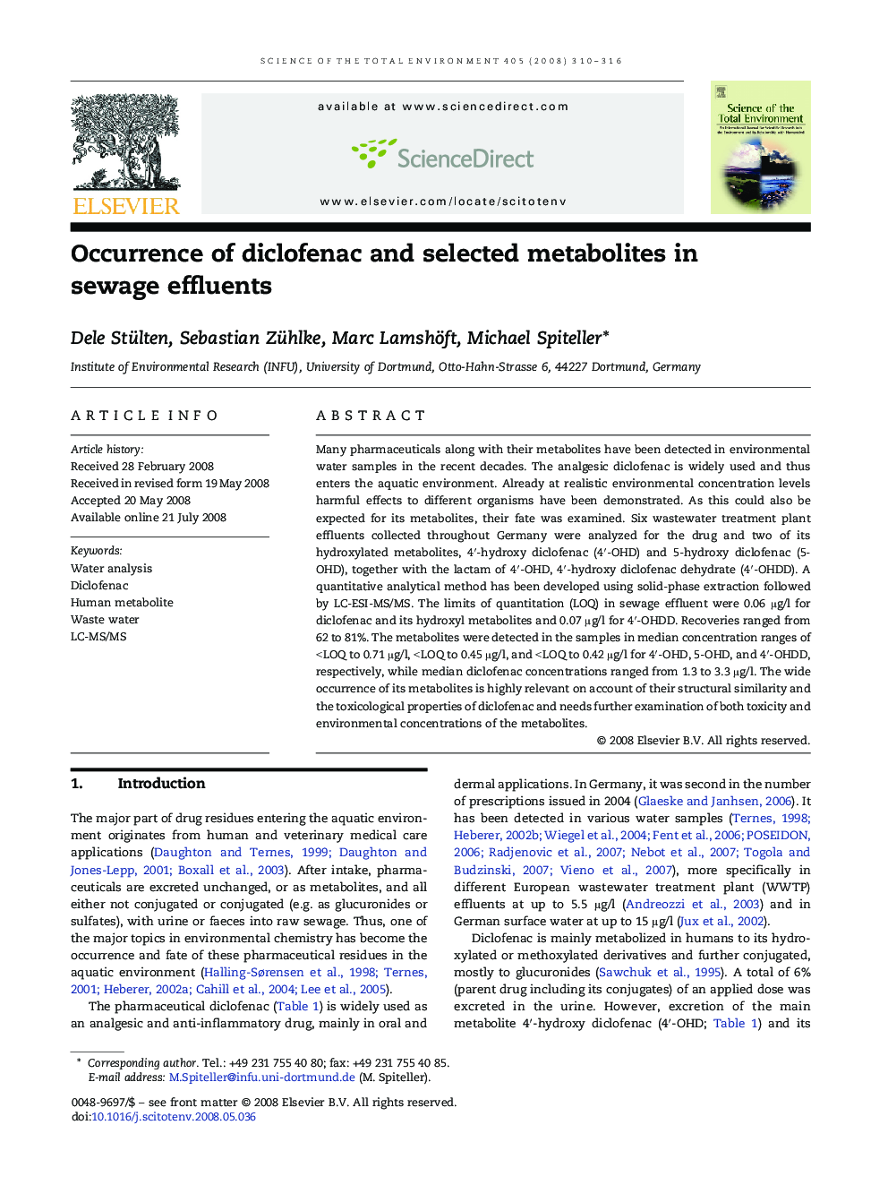 Occurrence of diclofenac and selected metabolites in sewage effluents