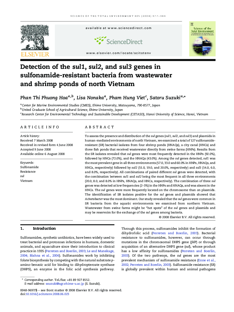 Detection of the sul1, sul2, and sul3 genes in sulfonamide-resistant bacteria from wastewater and shrimp ponds of north Vietnam