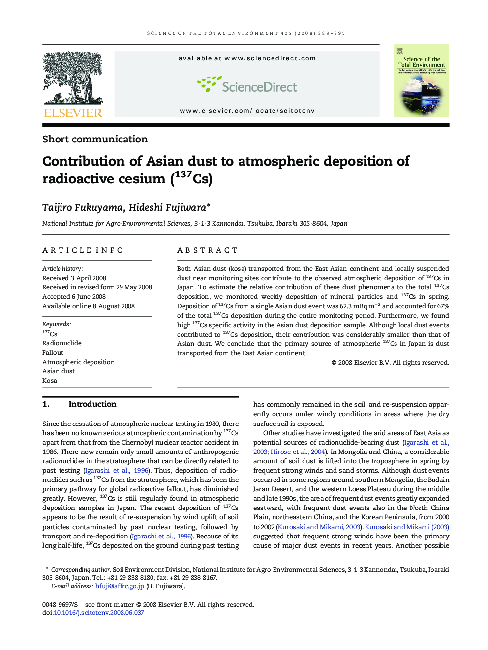 Contribution of Asian dust to atmospheric deposition of radioactive cesium (137Cs)