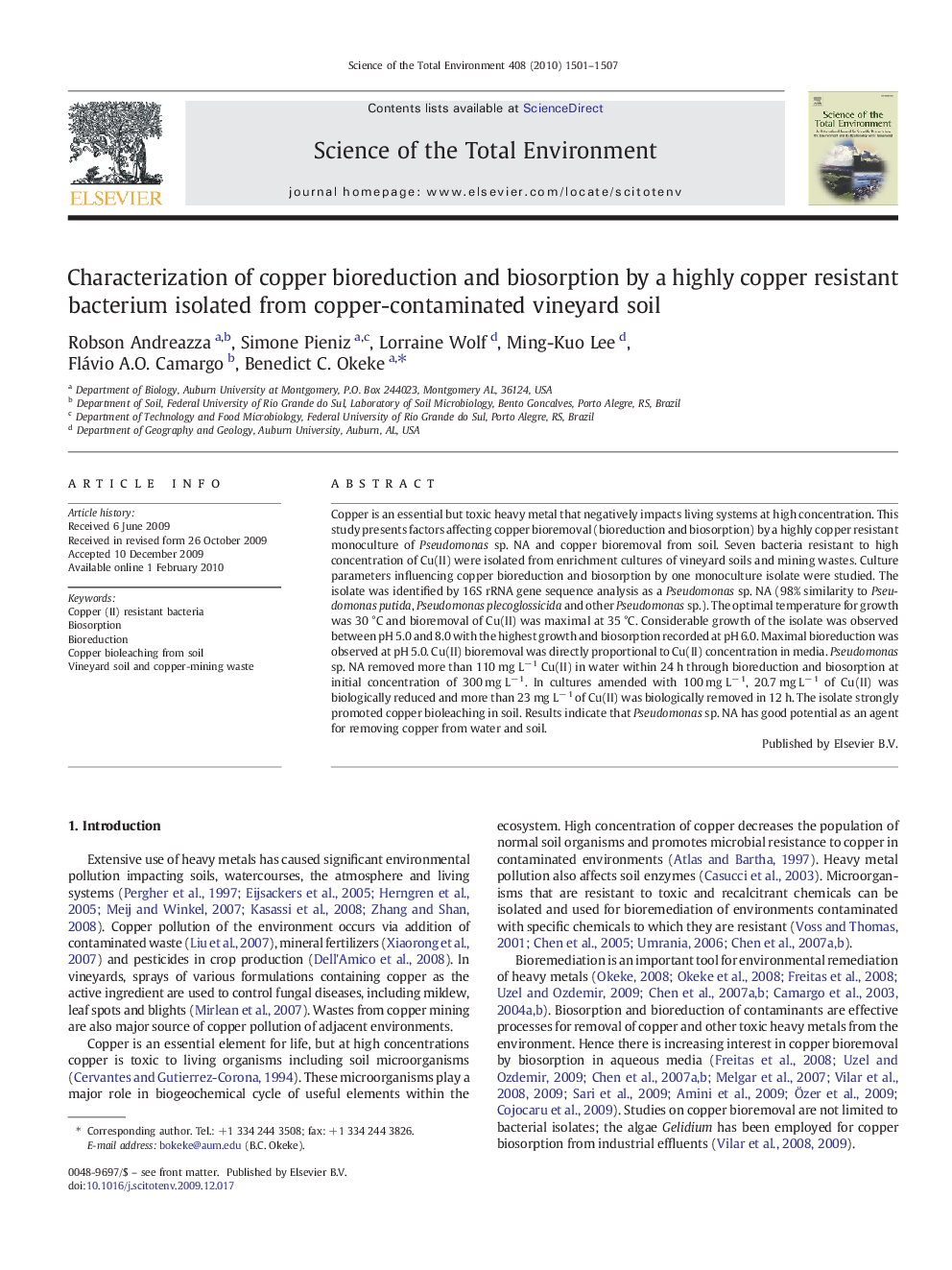 Characterization of copper bioreduction and biosorption by a highly copper resistant bacterium isolated from copper-contaminated vineyard soil