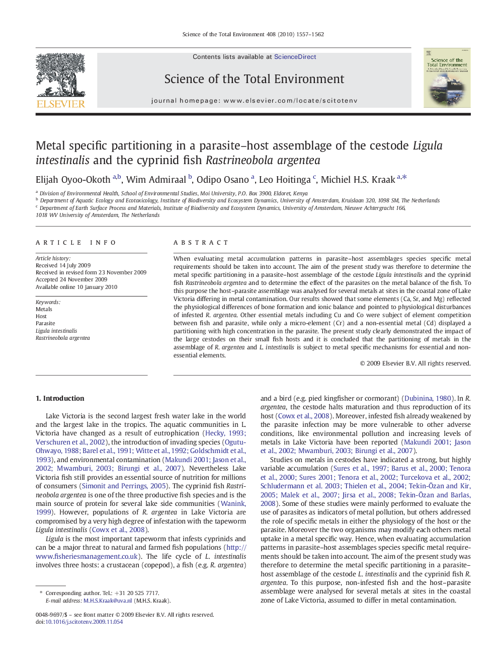 Metal specific partitioning in a parasite–host assemblage of the cestode Ligula intestinalis and the cyprinid fish Rastrineobola argentea