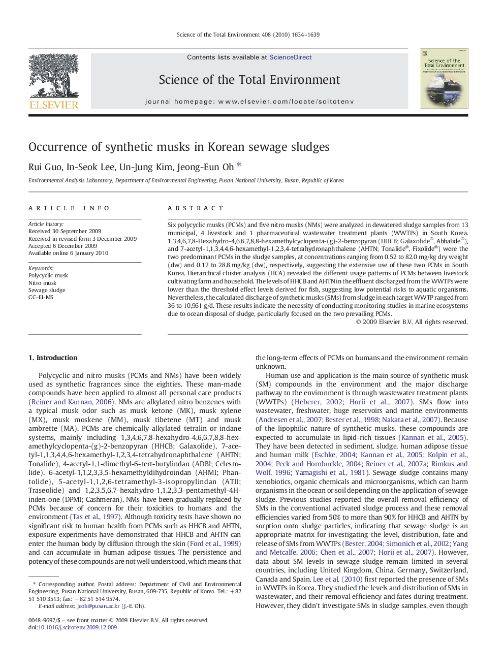 Occurrence of synthetic musks in Korean sewage sludges