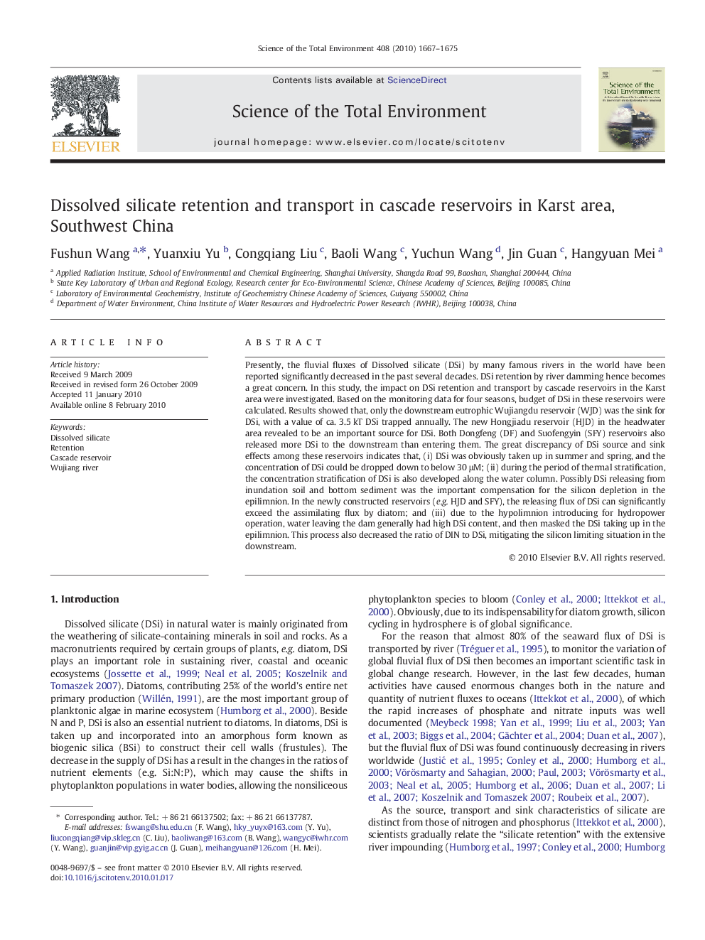 Dissolved silicate retention and transport in cascade reservoirs in Karst area, Southwest China