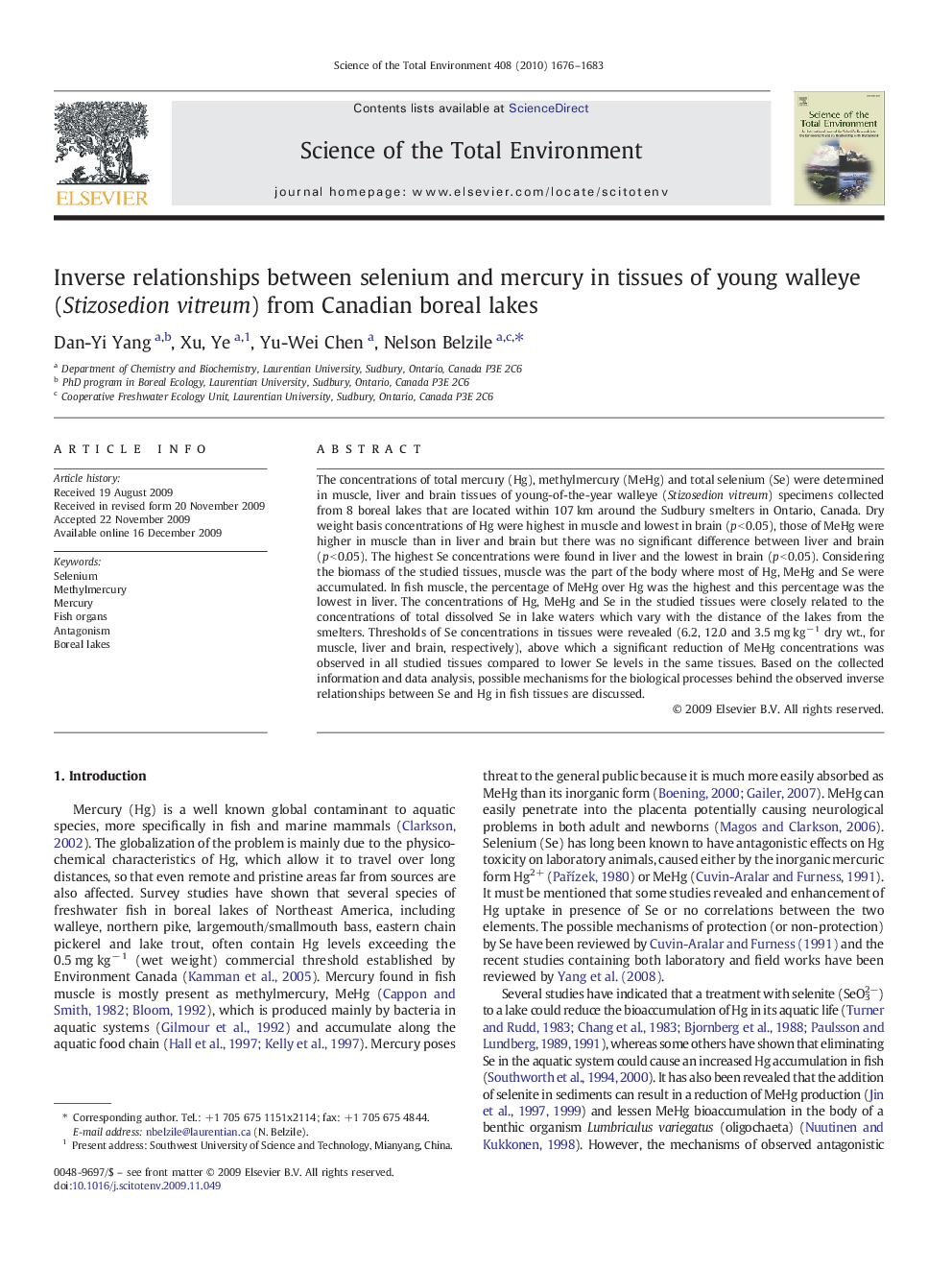 Inverse relationships between selenium and mercury in tissues of young walleye (Stizosedion vitreum) from Canadian boreal lakes