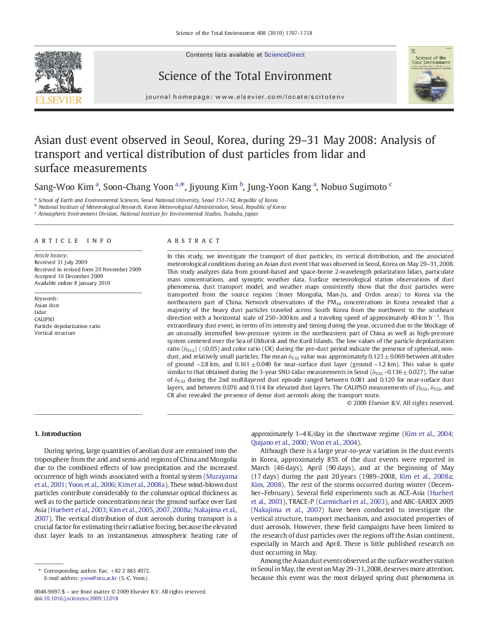 Asian dust event observed in Seoul, Korea, during 29–31 May 2008: Analysis of transport and vertical distribution of dust particles from lidar and surface measurements