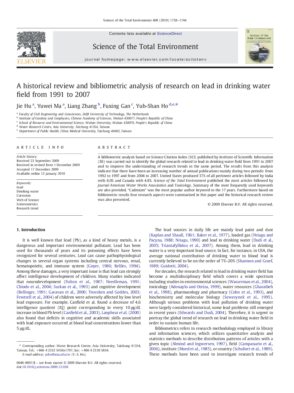 A historical review and bibliometric analysis of research on lead in drinking water field from 1991 to 2007