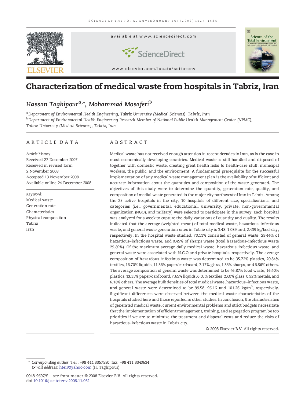 Characterization of medical waste from hospitals in Tabriz, Iran