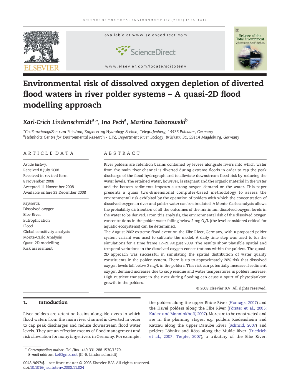 Environmental risk of dissolved oxygen depletion of diverted flood waters in river polder systems – A quasi-2D flood modelling approach