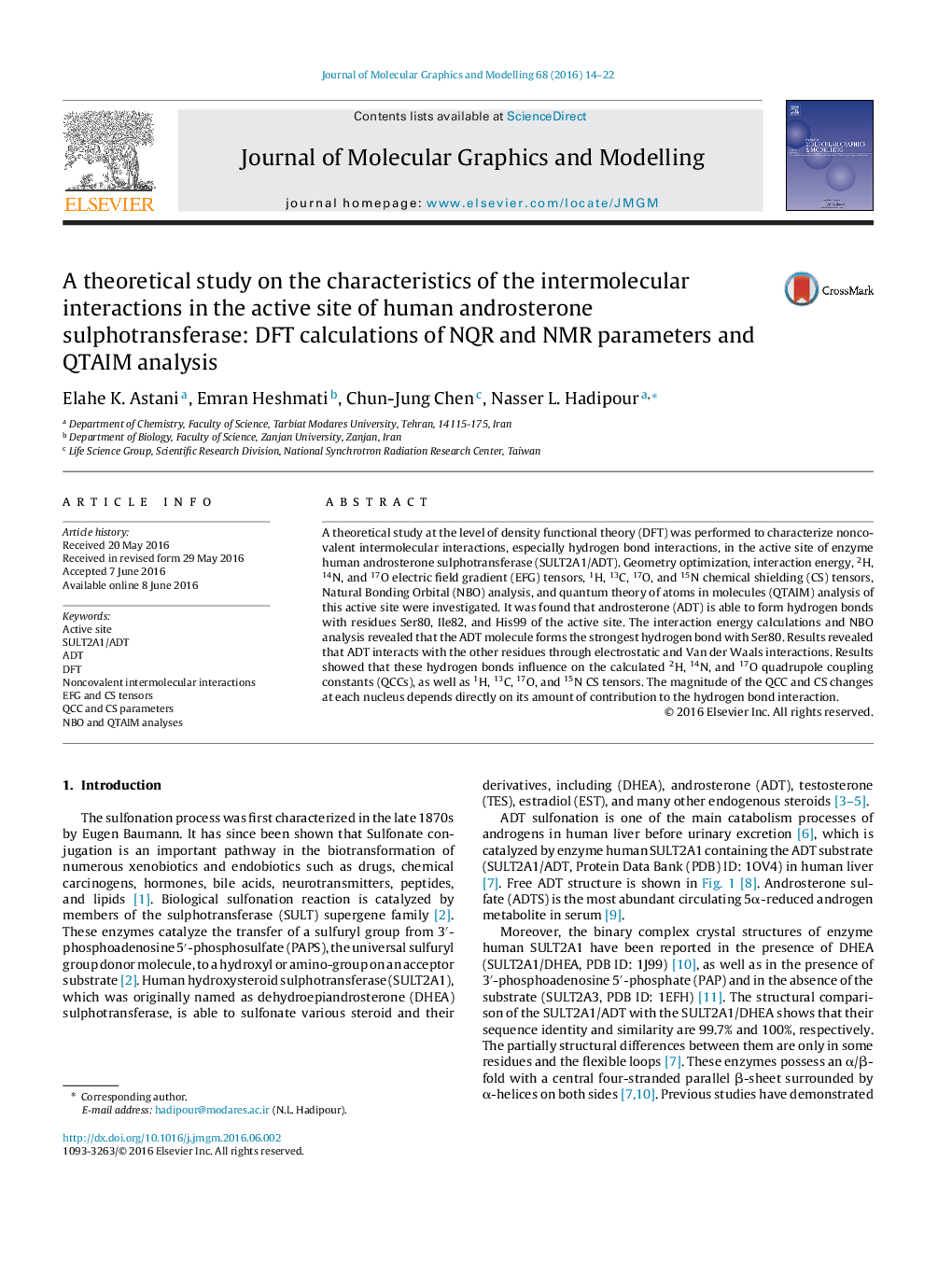 A theoretical study on the characteristics of the intermolecular interactions in the active site of human androsterone sulphotransferase: DFT calculations of NQR and NMR parameters and QTAIM analysis