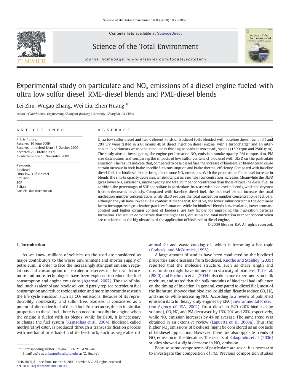 عکس صفحه اول مقاله: Experimental study on particulate and NOx emissions of a diesel engine fueled with ultra low sulfur diesel, RME-diesel blends and PME-diesel blends Experimental study on particulate and NOx emissions of a diesel engine fueled with ultra low sulfur diesel, RME-diesel blends and PME-diesel blends