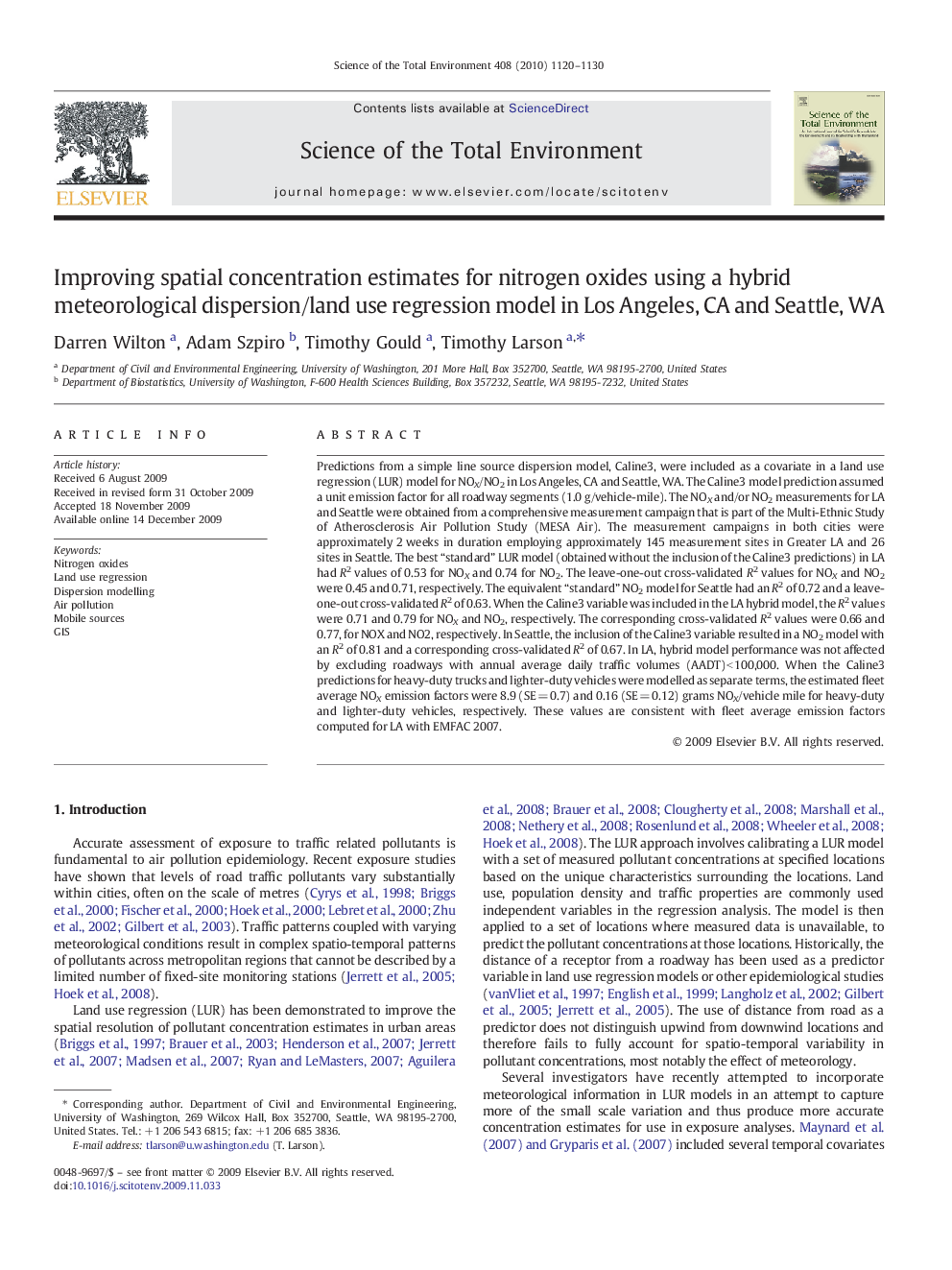 Improving spatial concentration estimates for nitrogen oxides using a hybrid meteorological dispersion/land use regression model in Los Angeles, CA and Seattle, WA