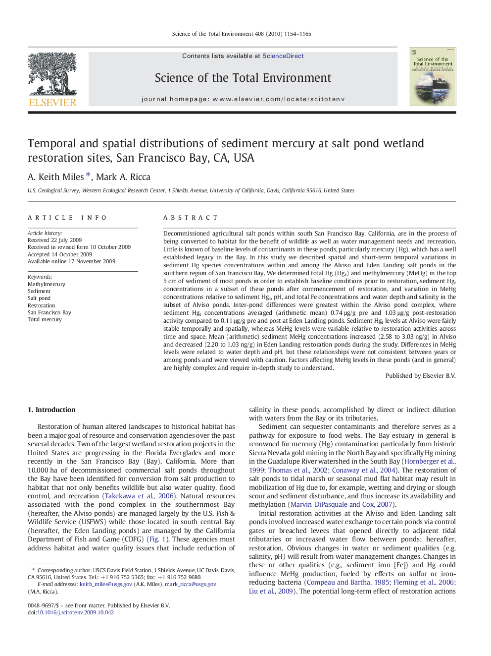 Temporal and spatial distributions of sediment mercury at salt pond wetland restoration sites, San Francisco Bay, CA, USA