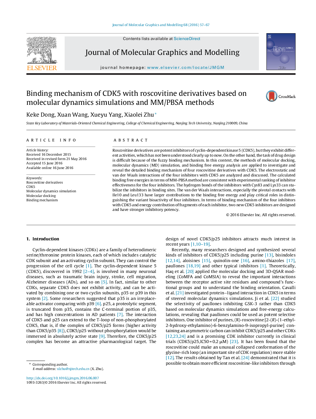 Binding mechanism of CDK5 with roscovitine derivatives based on molecular dynamics simulations and MM/PBSA methods