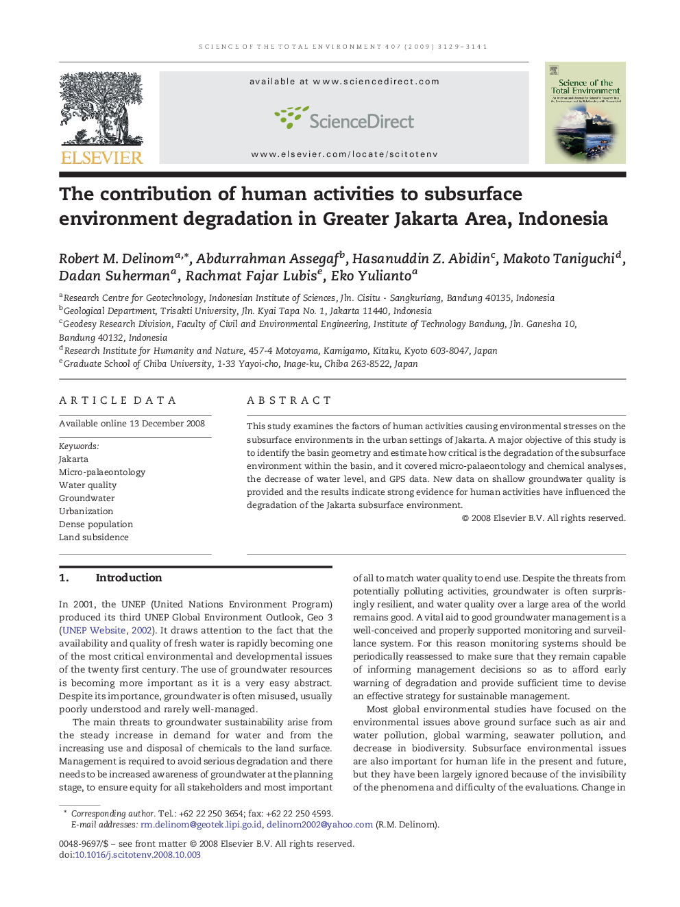 The contribution of human activities to subsurface environment degradation in Greater Jakarta Area, Indonesia