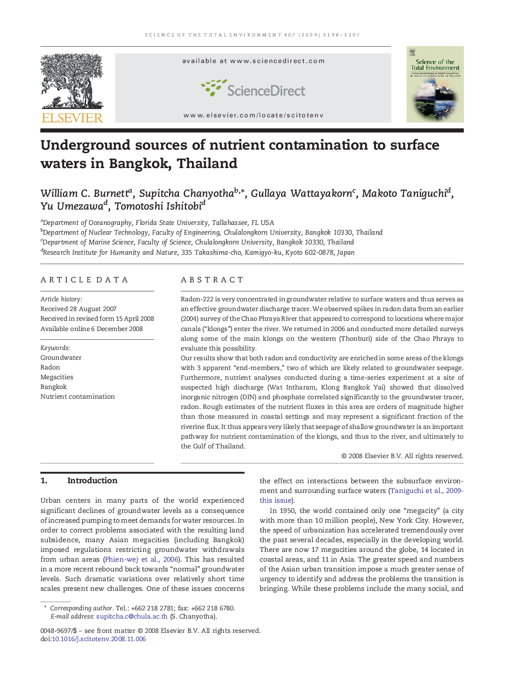 Underground sources of nutrient contamination to surface waters in Bangkok, Thailand