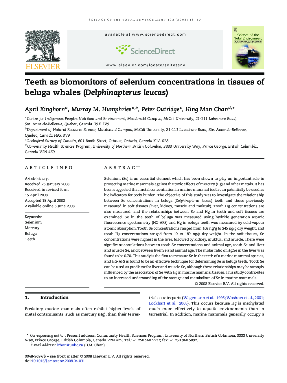 Teeth as biomonitors of selenium concentrations in tissues of beluga whales (Delphinapterus leucas)