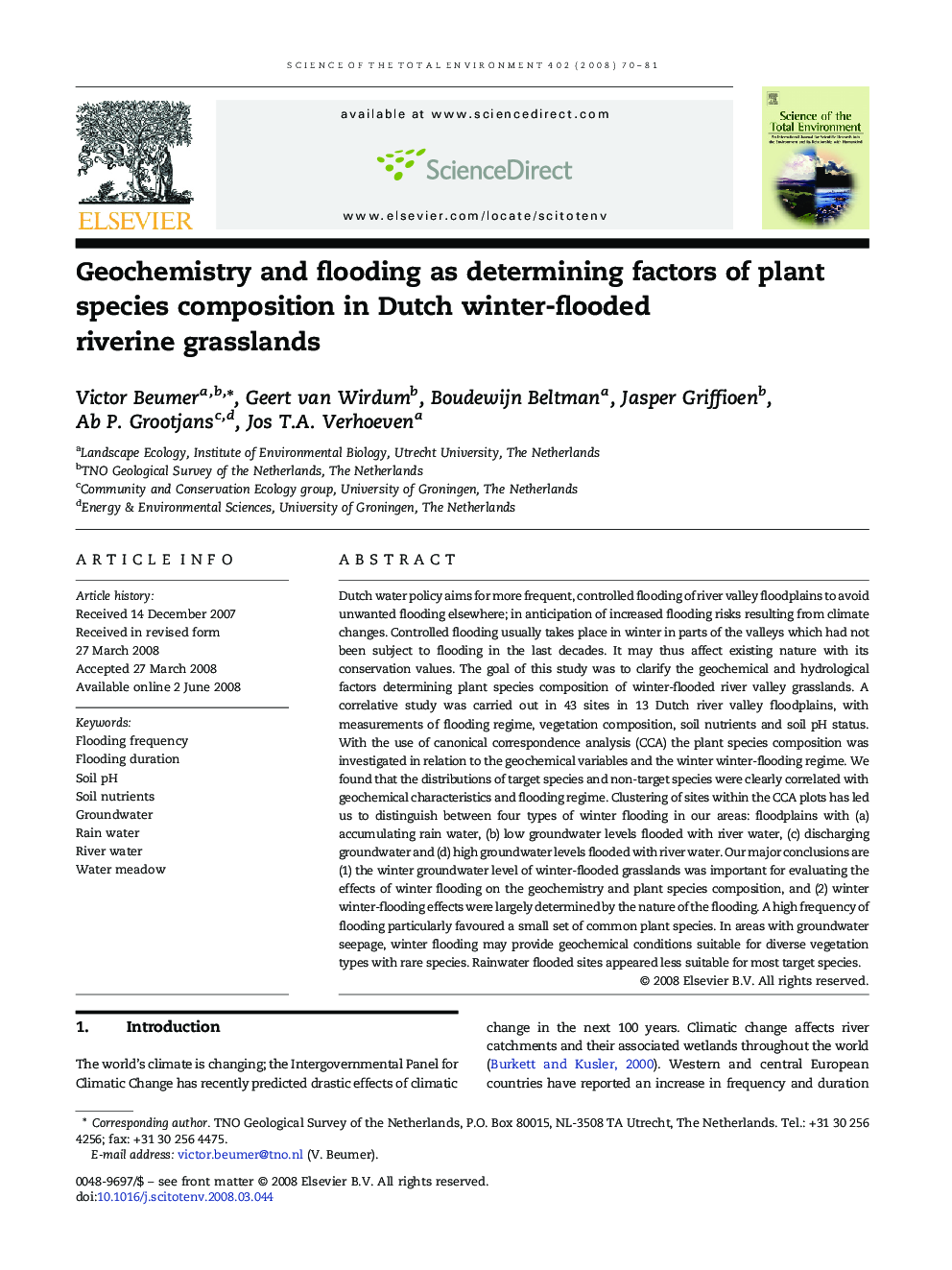 Geochemistry and flooding as determining factors of plant species composition in Dutch winter-flooded riverine grasslands