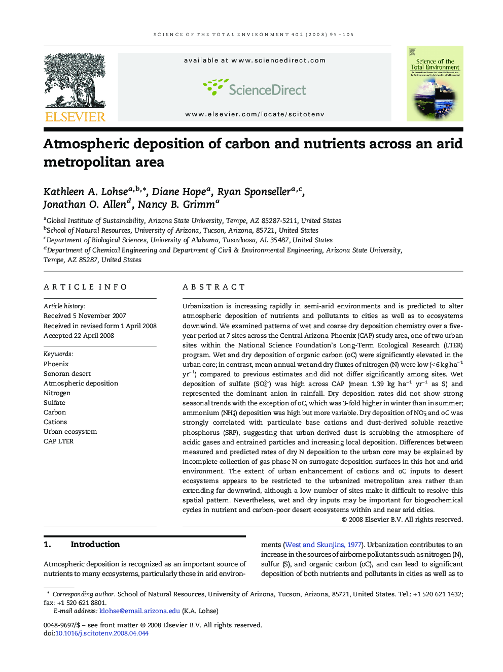 Atmospheric deposition of carbon and nutrients across an arid metropolitan area