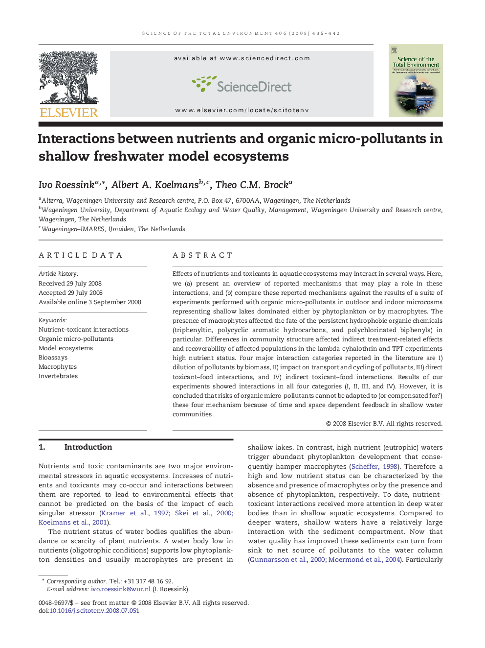 Interactions between nutrients and organic micro-pollutants in shallow freshwater model ecosystems