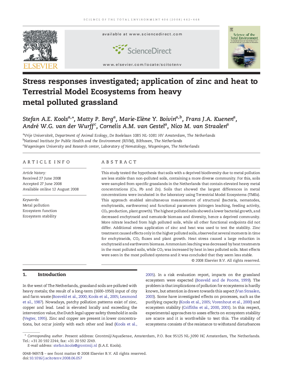 Stress responses investigated; application of zinc and heat to Terrestrial Model Ecosystems from heavy metal polluted grassland