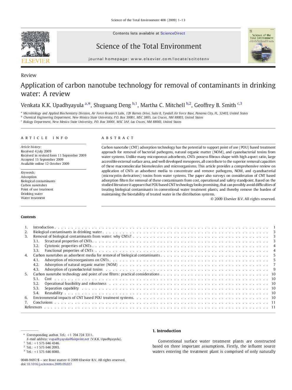 Application of carbon nanotube technology for removal of contaminants in drinking water: A review