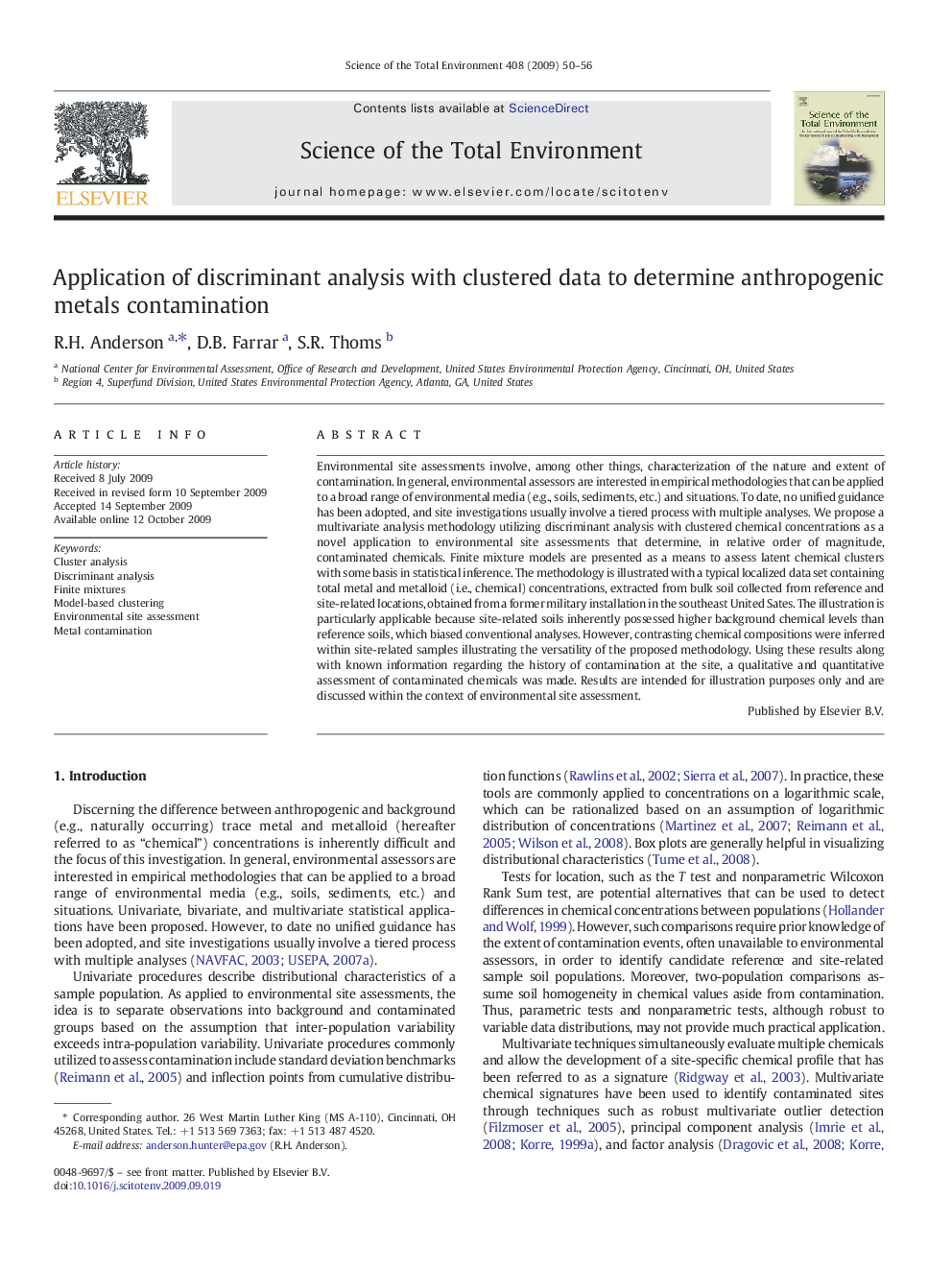 Application of discriminant analysis with clustered data to determine anthropogenic metals contamination