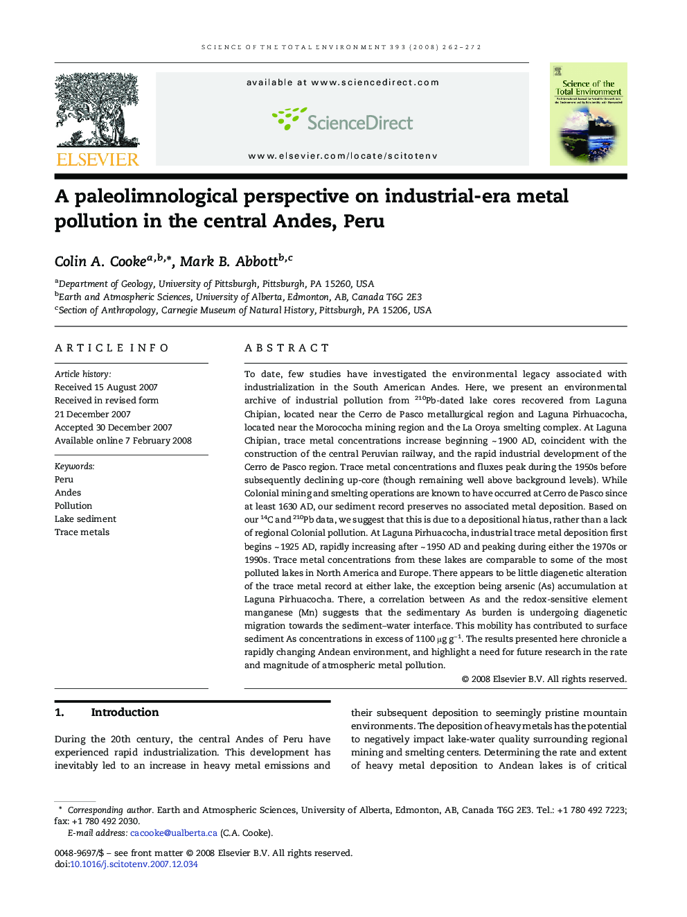 A paleolimnological perspective on industrial-era metal pollution in the central Andes, Peru