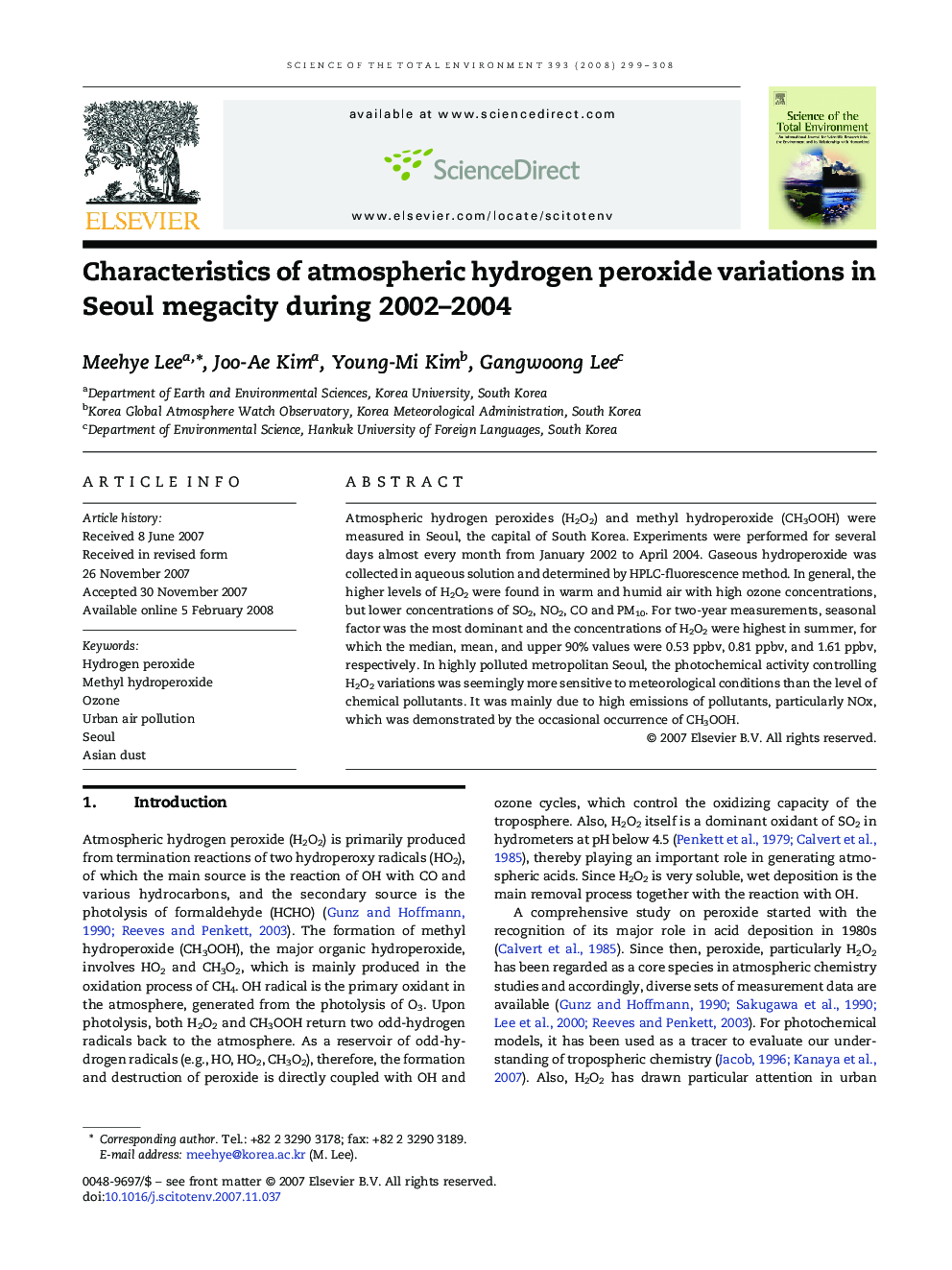 Characteristics of atmospheric hydrogen peroxide variations in Seoul megacity during 2002–2004