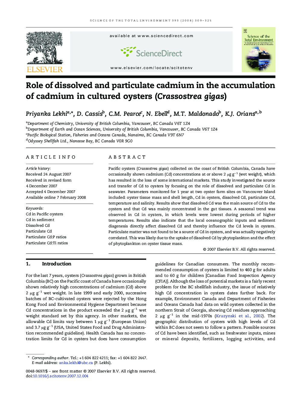Role of dissolved and particulate cadmium in the accumulation of cadmium in cultured oysters (Crassostrea gigas)