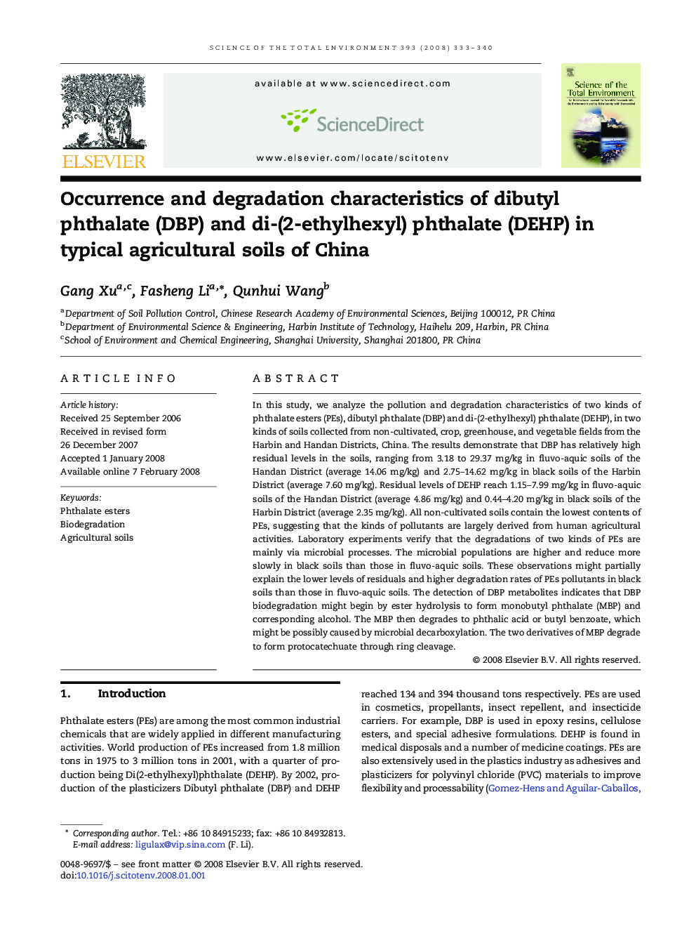 Occurrence and degradation characteristics of dibutyl phthalate (DBP) and di-(2-ethylhexyl) phthalate (DEHP) in typical agricultural soils of China