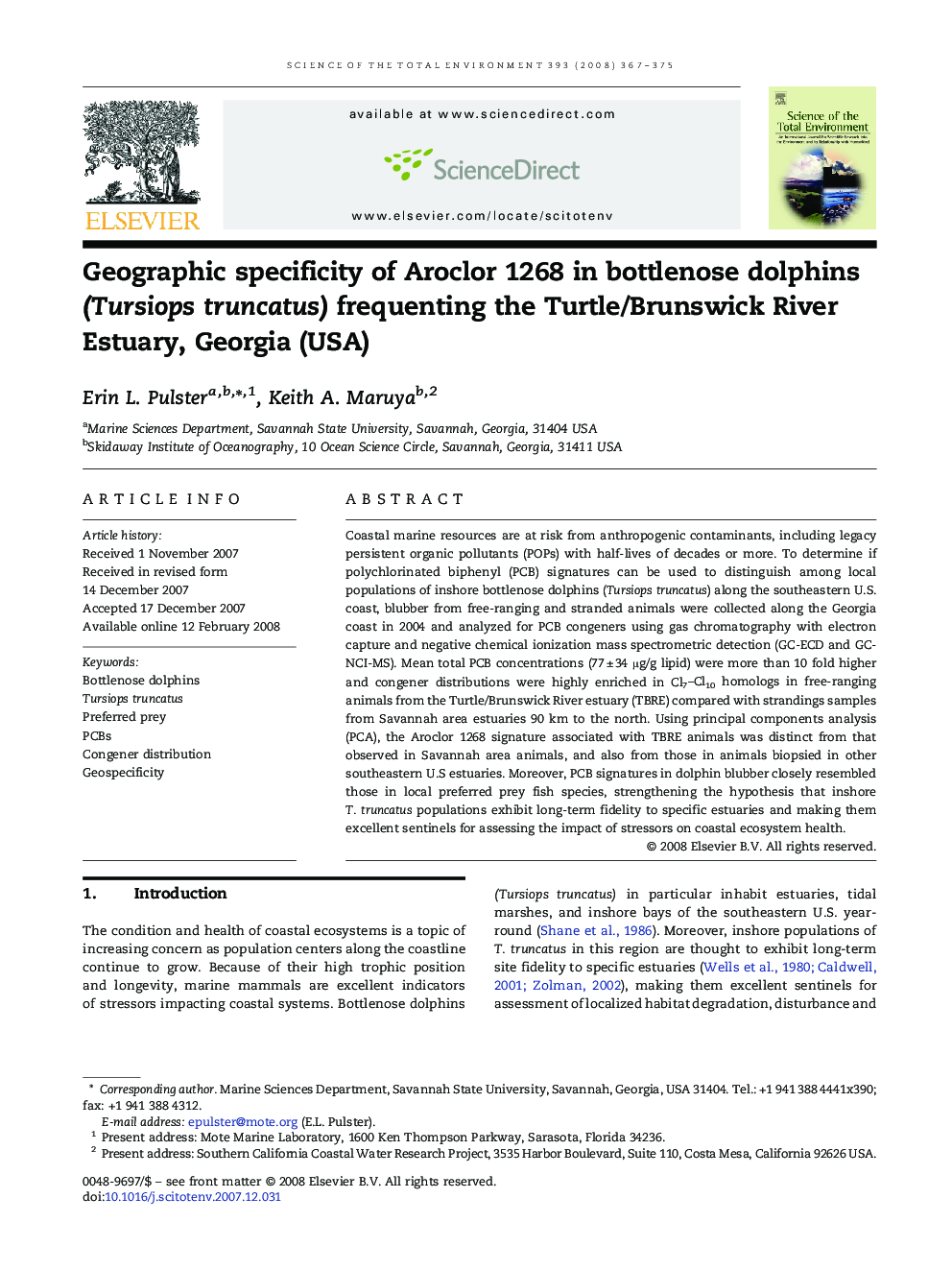 Geographic specificity of Aroclor 1268 in bottlenose dolphins (Tursiops truncatus) frequenting the Turtle/Brunswick River Estuary, Georgia (USA)